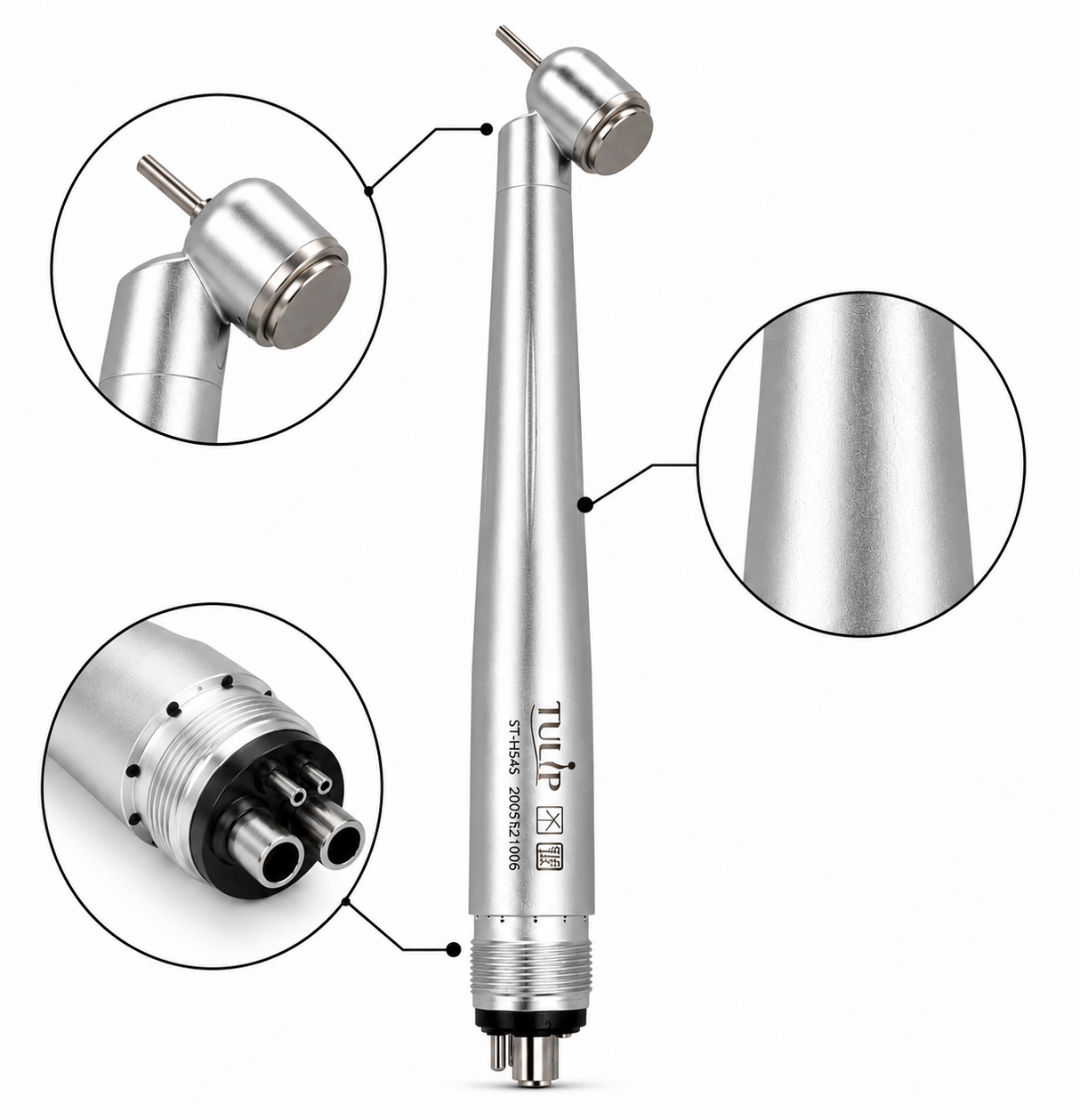 Tulip ST-HS45 Surgical High Speed Handpiece – 45° Push Button, 4-Hole, Stainless Steel, Autoclavable Dental Handpiece