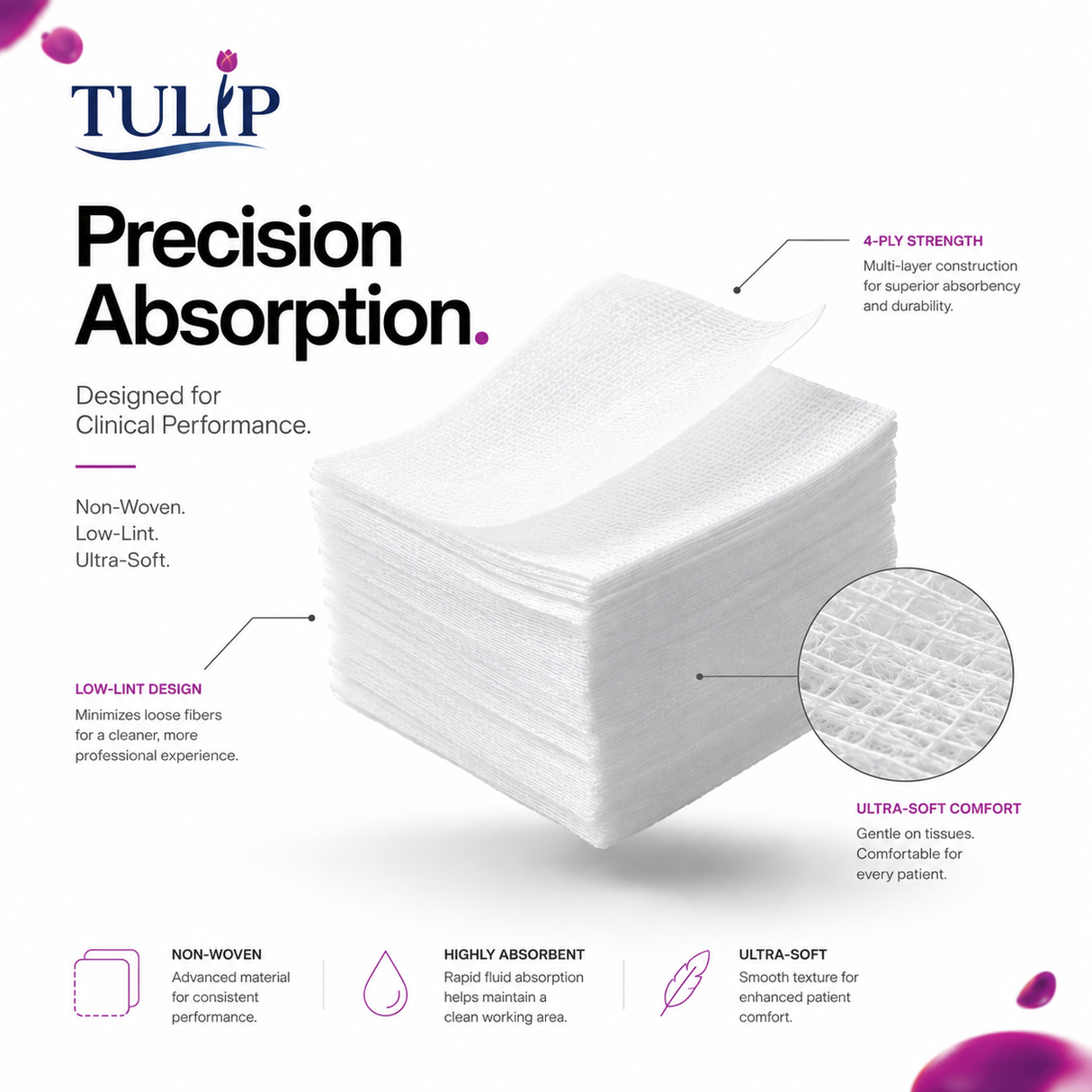 5,000 TULIP 2x2 4-Ply Non-Sterile Non-Woven Dental Gauze Sponges