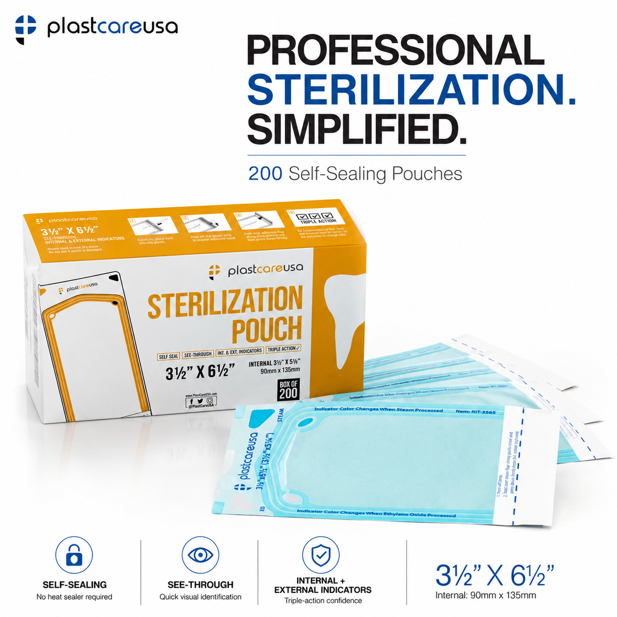 10,000 3.5" x 5.25" Self-Sealing Sterilization Pouches for Autoclave by PlastCare USA *Bulk Special* - My DDS Supply