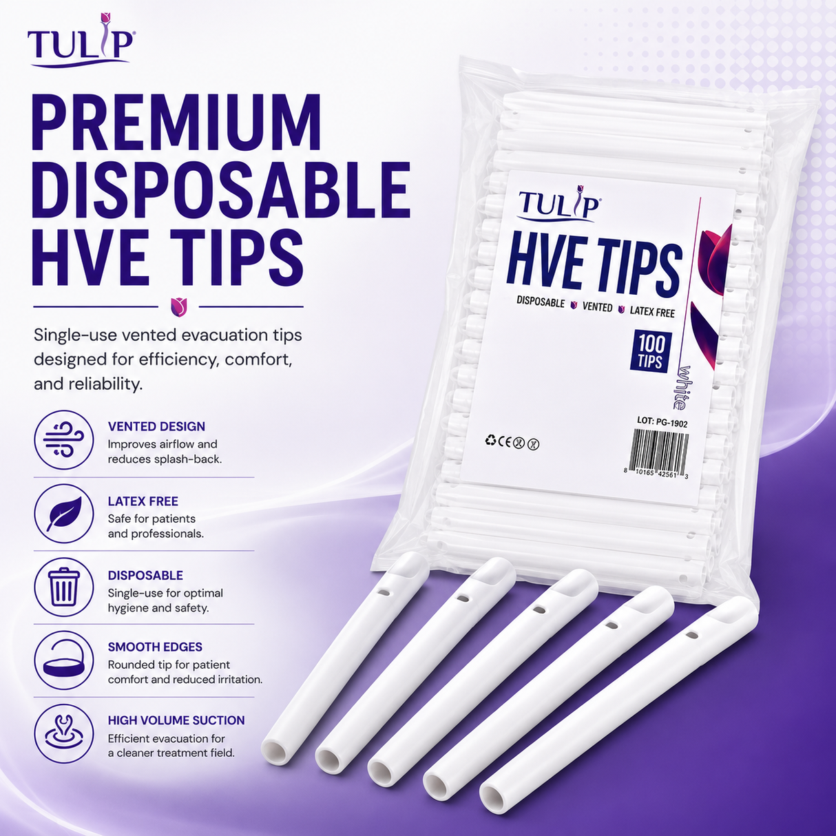 Tulip Disposable HVE Tips — Vented, Latex Free, 100/Bag