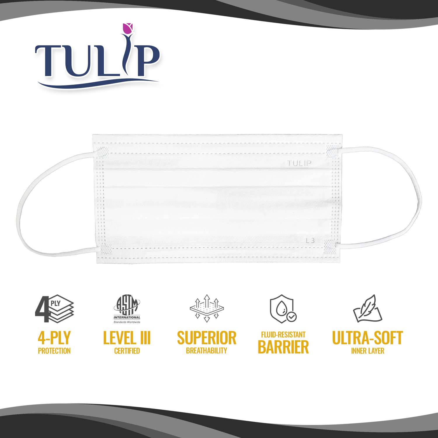 TULIP 4-Ply ASTM Level 3 Blue Surgical Masks (Box of 50)