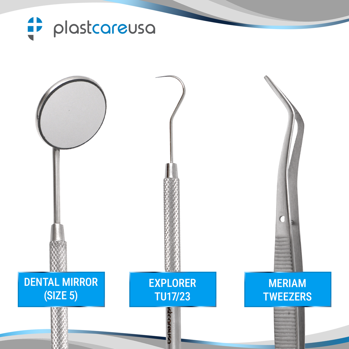 3-Piece Dental Examination Kit – Mirror No. 5, TU 17/23 Explorer & Meriam Pliers (Autoclavable Stainless Steel)