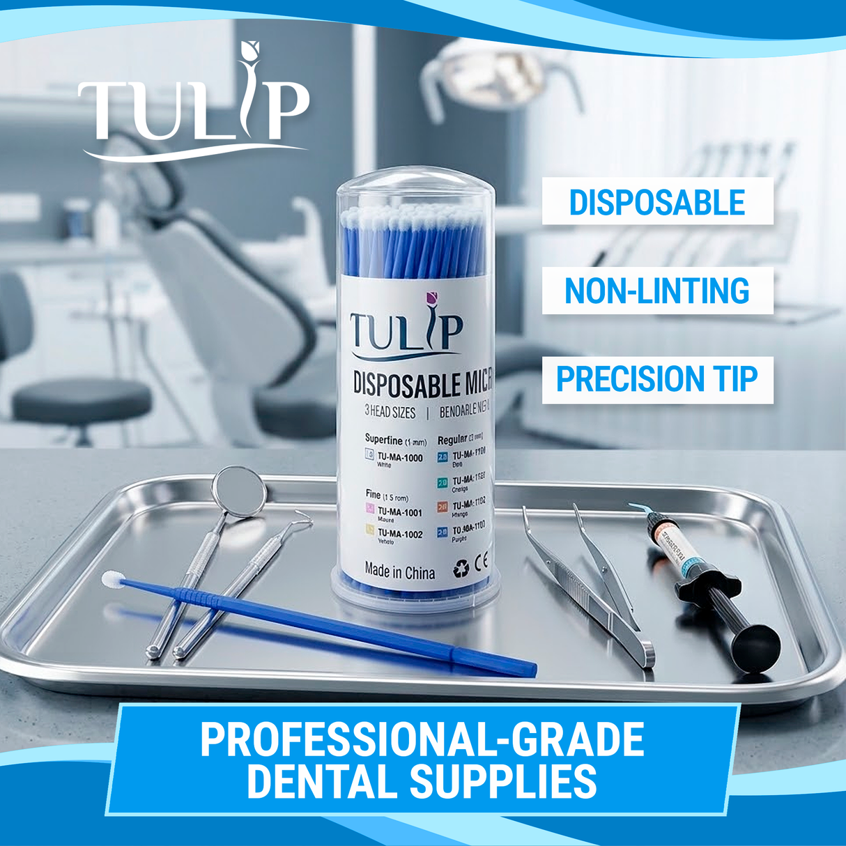 TULIP Regular Micro Applicator Brushes – Blue (2.0mm) | (4 kegs of 100) (400 Total)