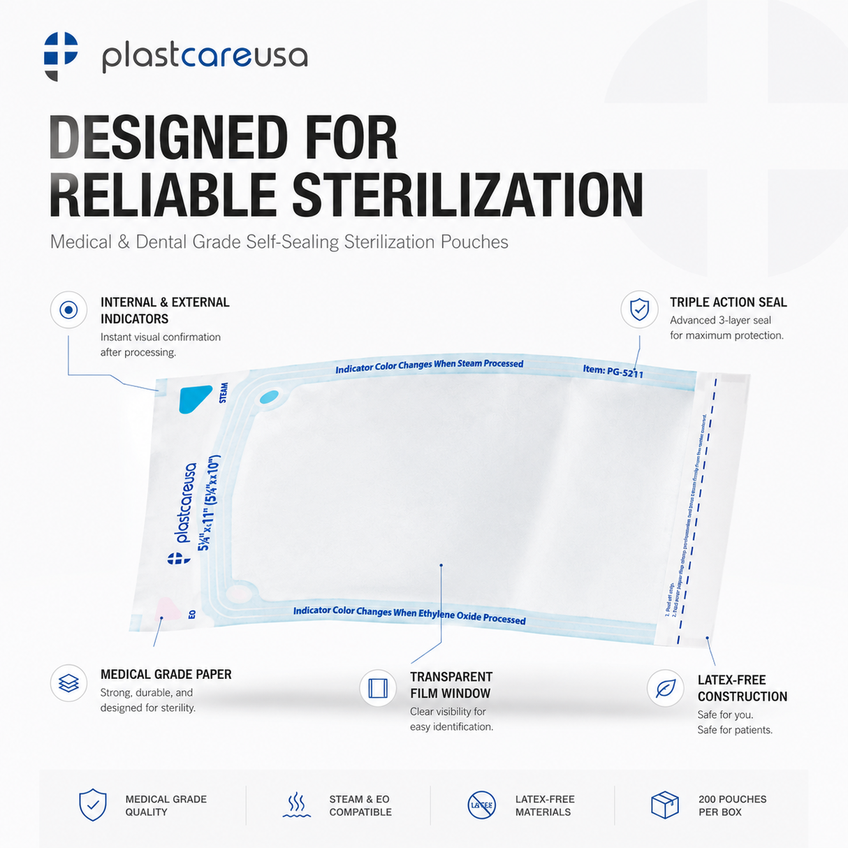 5.25" x 10" Self-Sealing Sterilization Pouches for Autoclave (Choose Quantity) by PlastCare USA