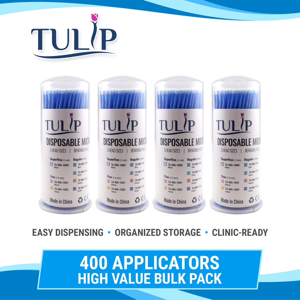TULIP Regular Micro Applicator Brushes – Blue (2.0mm) | (4 kegs of 100) (400 Total)