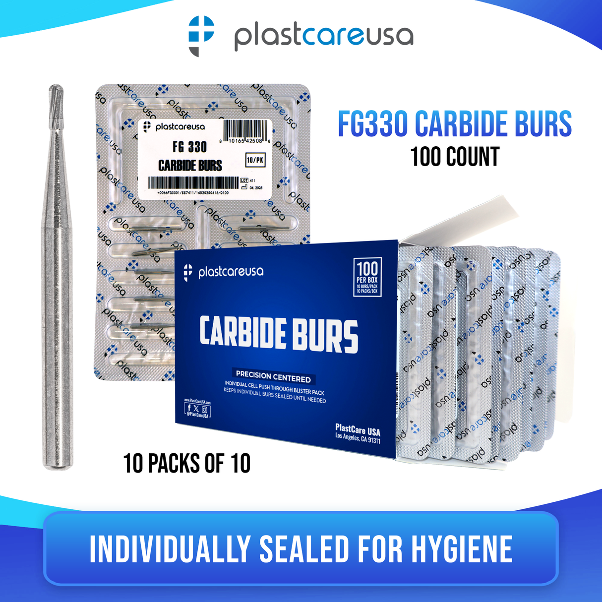PlastCare USA 330 Carbide Burs FG - 100 Pack (10 Packs of 10) Pear Shaped for High-Speed Handpieces