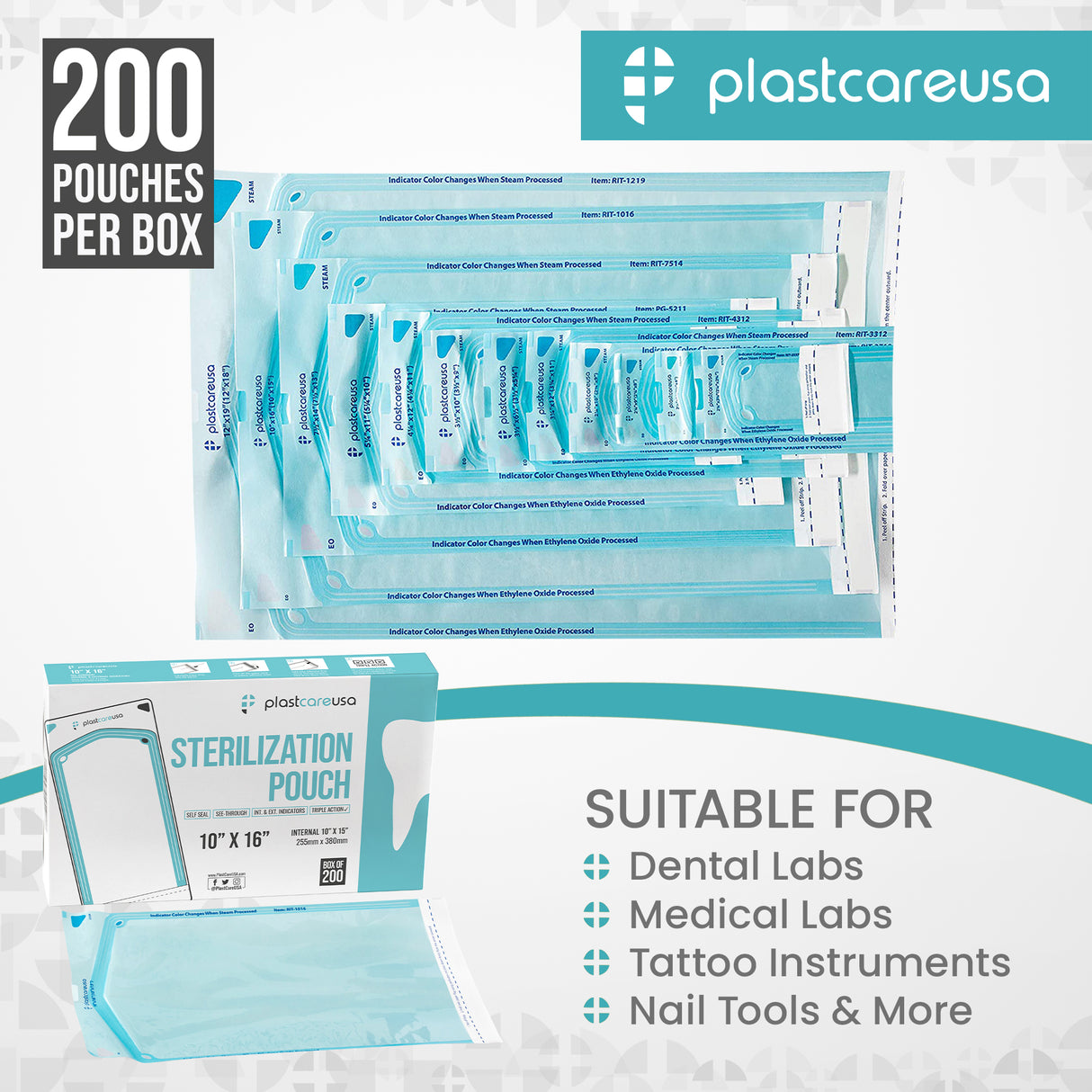 Worn Box-New 600 10" x 16" Self-Sealing Sterilization Pouches by PlastCare USA (Warehouse Deal) - My DDS Supply