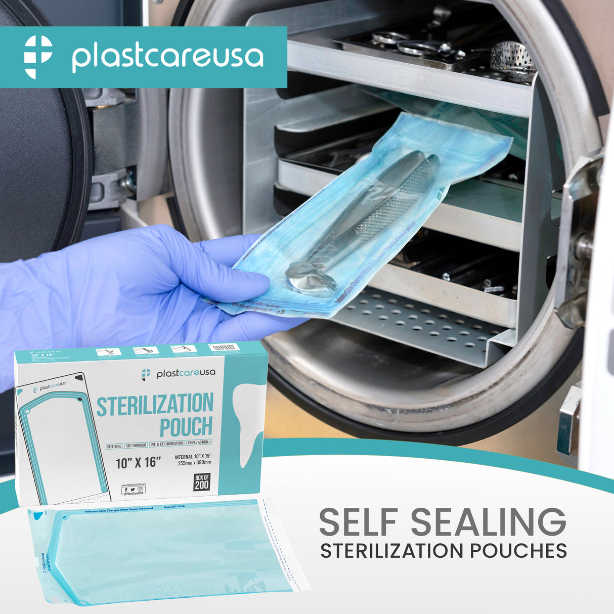Worn Box-New 600 10" x 16" Self-Sealing Sterilization Pouches by PlastCare USA (Warehouse Deal) - My DDS Supply