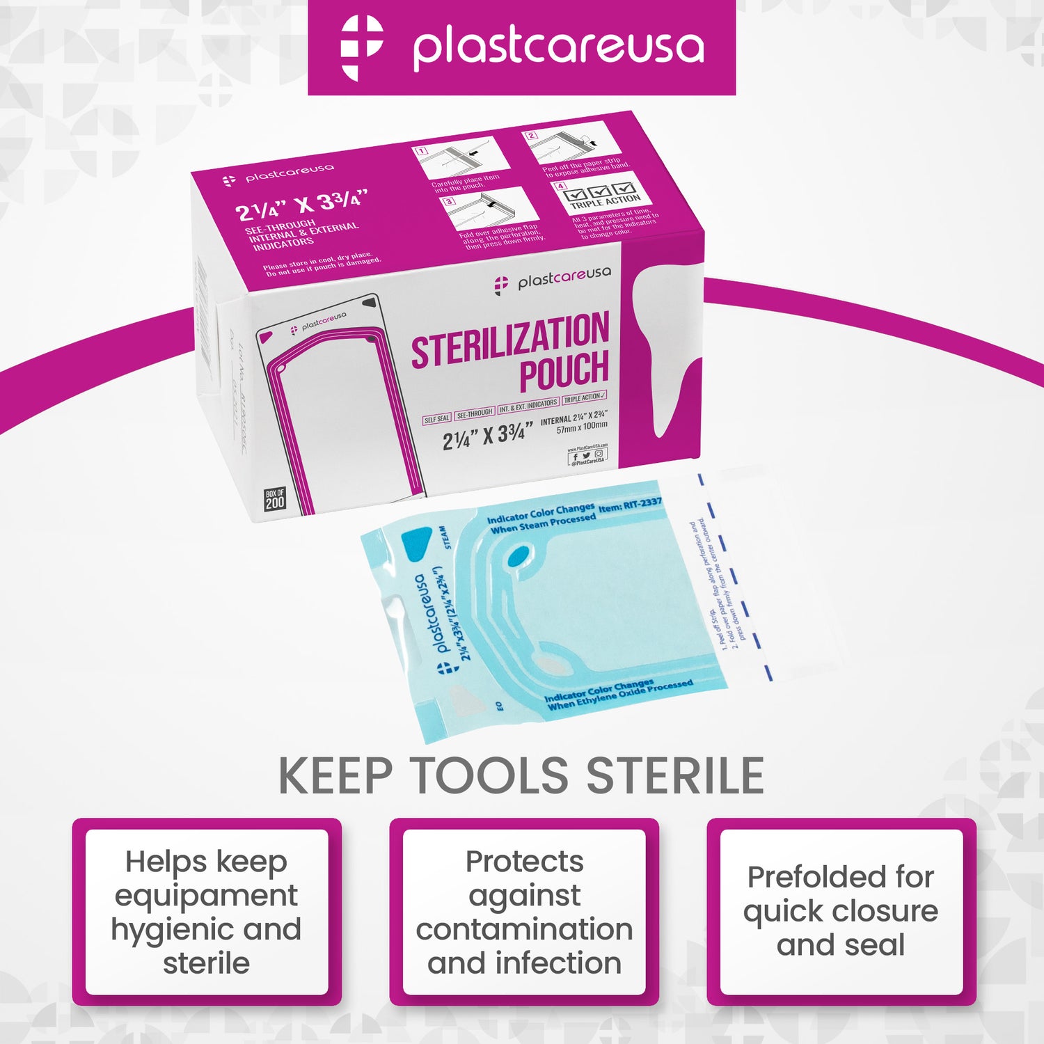 Worn Box-New 1000 2.25" x 2.75" Self-Sealing Sterilization Pouches by PlastCare USA (Warehouse Deal)