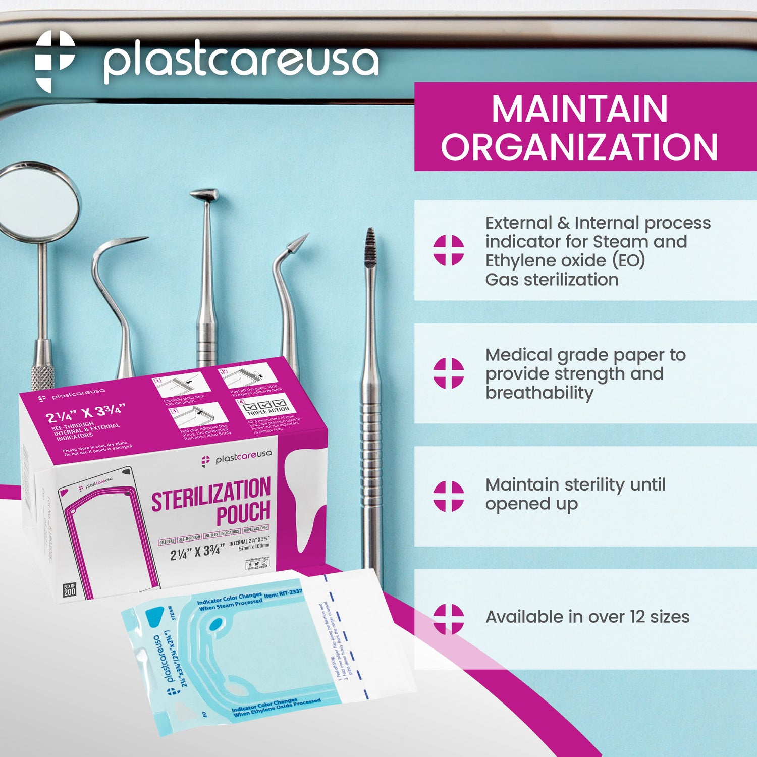 Worn Box-New 1000 2.25" x 2.75" Self-Sealing Sterilization Pouches by PlastCare USA (Warehouse Deal)