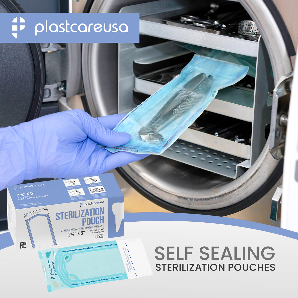 Worn Box-New 2000 2.25" x 4" Self-Sealing Sterilization Pouches by PlastCare USA (Warehouse Deal) - My DDS Supply