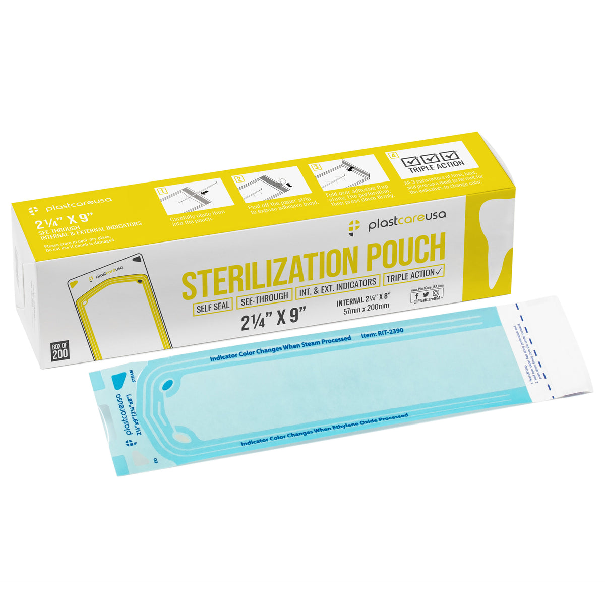 1000 PlastCare USA 2.25 x 9 in self-sealing sterilization pouches, new product
