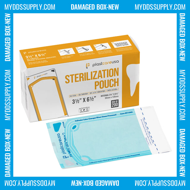 Worn Box-New - 2000 3.5" x 5.25" Self-Sealing Sterilization Pouches by PlastCare USA (Warehouse Deal) - My DDS Supply