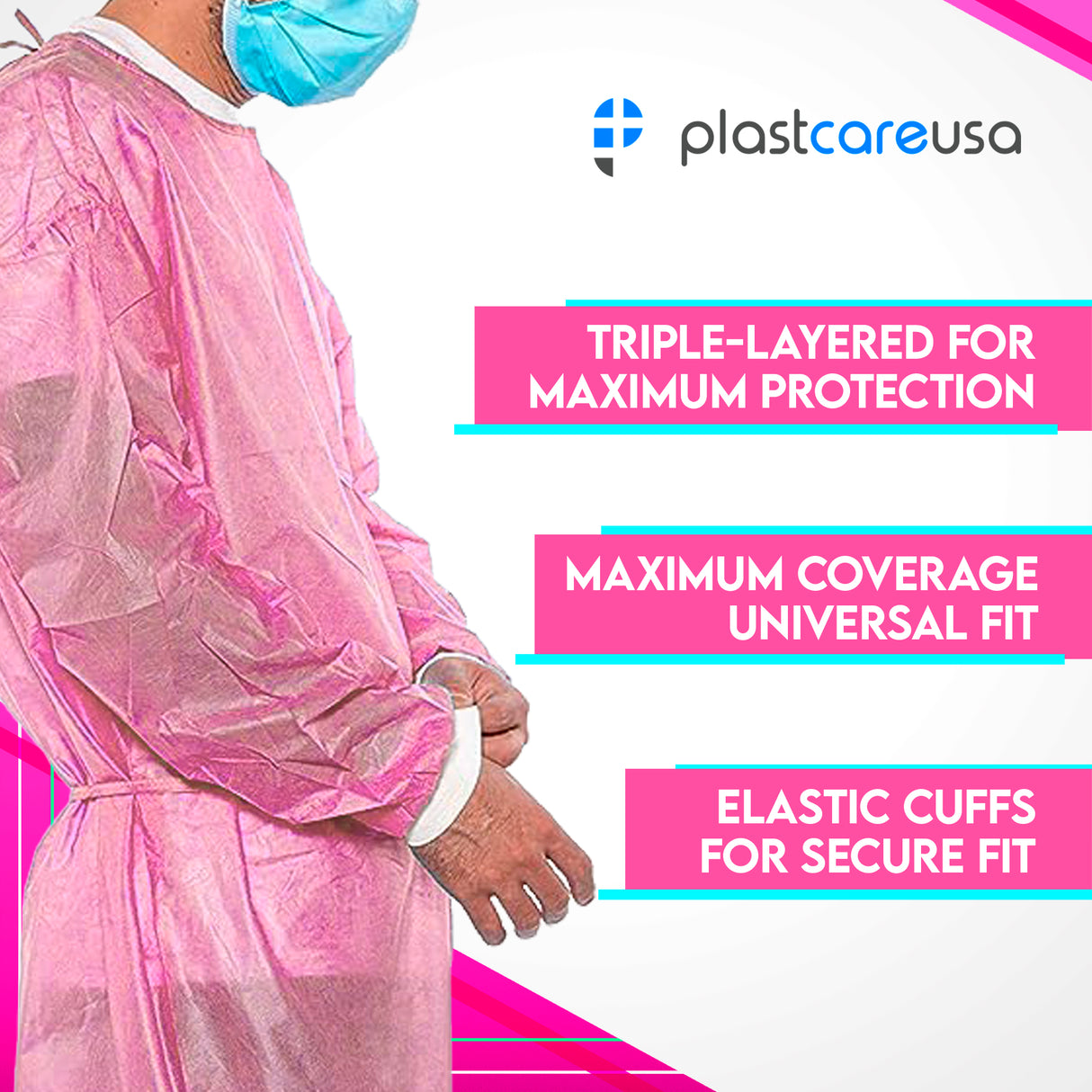 50 Pink 30g Disposable Isolation Lab Gowns with Knitt Cuffs for Medical Dental Hospital