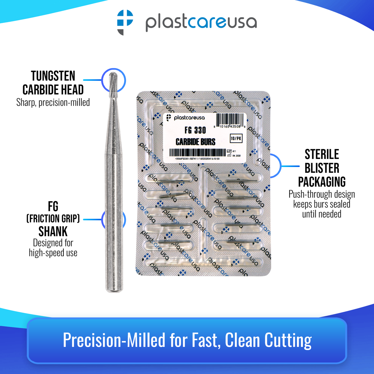 PlastCare USA 330 Carbide Burs FG - 100 Pack (10 Packs of 10) Pear Shaped for High-Speed Handpieces