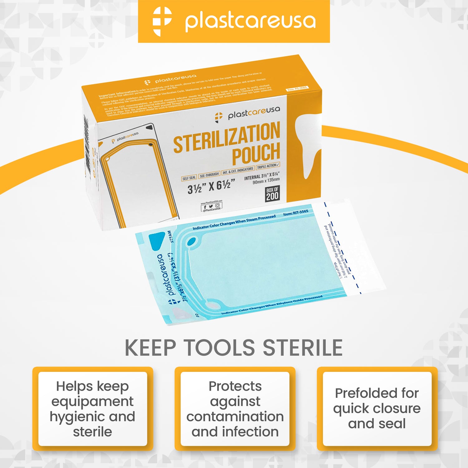 Worn Box-New - 2000 3.5" x 5.25" Self-Sealing Sterilization Pouches by PlastCare USA (Warehouse Deal) - My DDS Supply