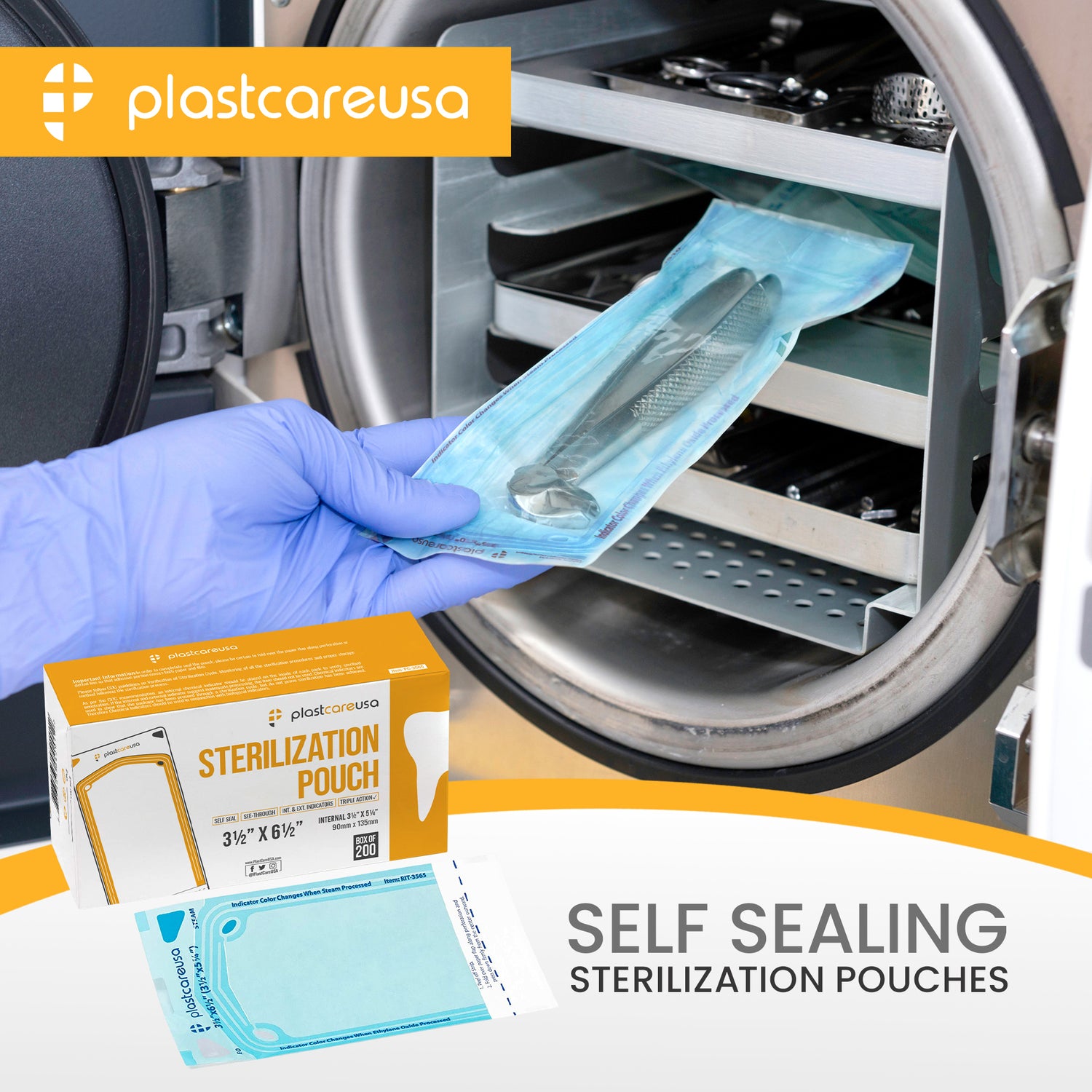 Worn Box-New - 2000 3.5" x 5.25" Self-Sealing Sterilization Pouches by PlastCare USA (Warehouse Deal) - My DDS Supply