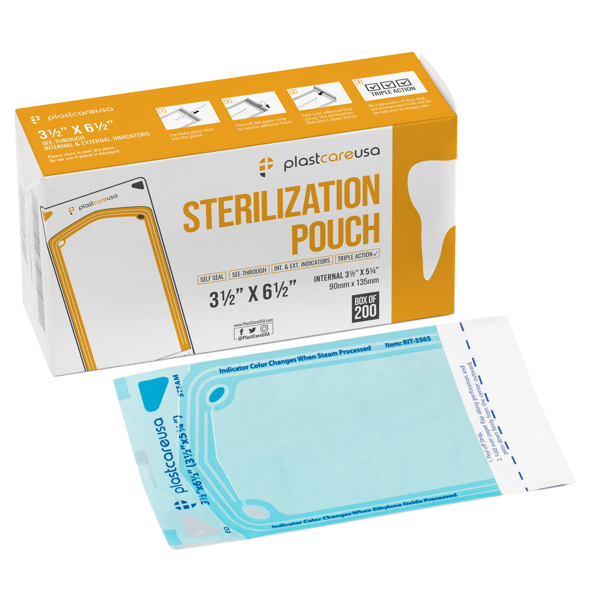 Worn Box-New - 2000 3.5" x 5.25" Self-Sealing Sterilization Pouches by PlastCare USA (Warehouse Deal) - My DDS Supply
