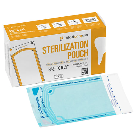Worn Box-New - 2000 3.5" x 5.25" Self-Sealing Sterilization Pouches by PlastCare USA (Warehouse Deal) - My DDS Supply