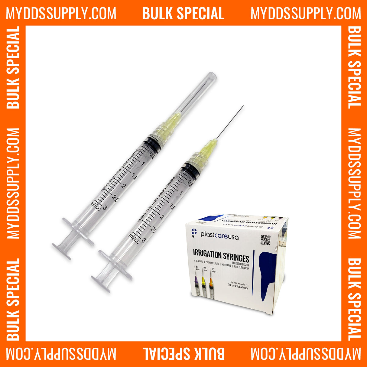 2000 x 3cc 27 Gauge Irrigation Syringes & Tips, Yellow (20 Boxes) - My DDS Supply