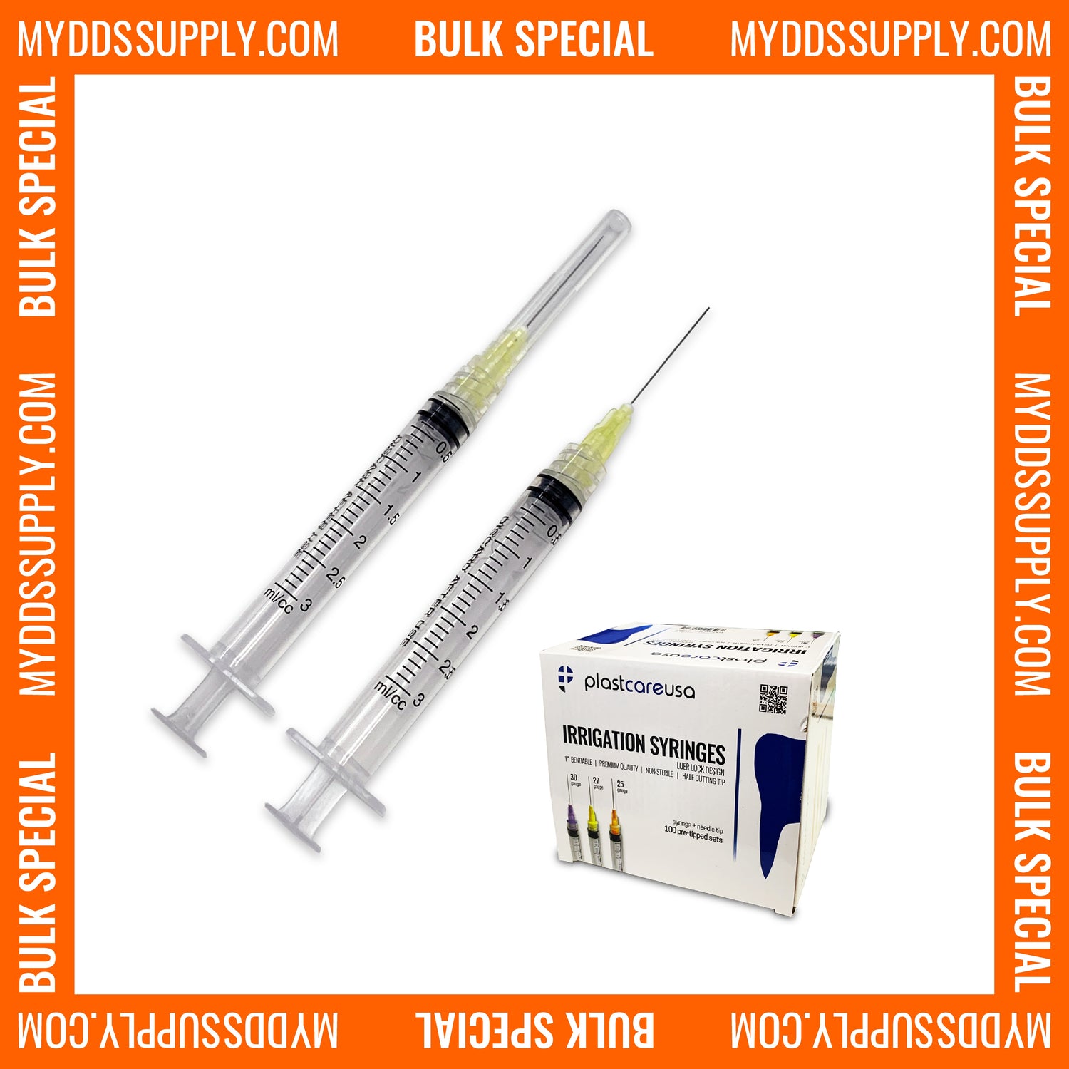 2000 x 3cc 27 Gauge Irrigation Syringes & Tips, Yellow (20 Boxes) - My DDS Supply