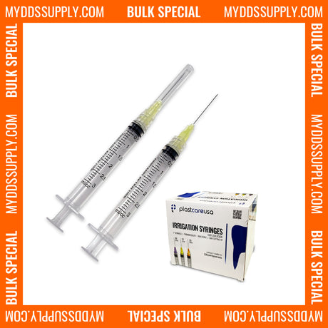 2000 x 3cc 27 Gauge Irrigation Syringes & Tips, Yellow (20 Boxes) - My DDS Supply