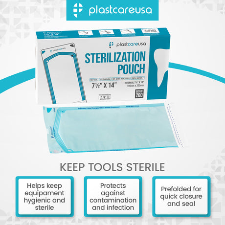 Worn Box-New - 1000 7.5" x 13" Self-Sealing Sterilization Pouches by PlastCare USA (Warehouse Deal) - My DDS Supply