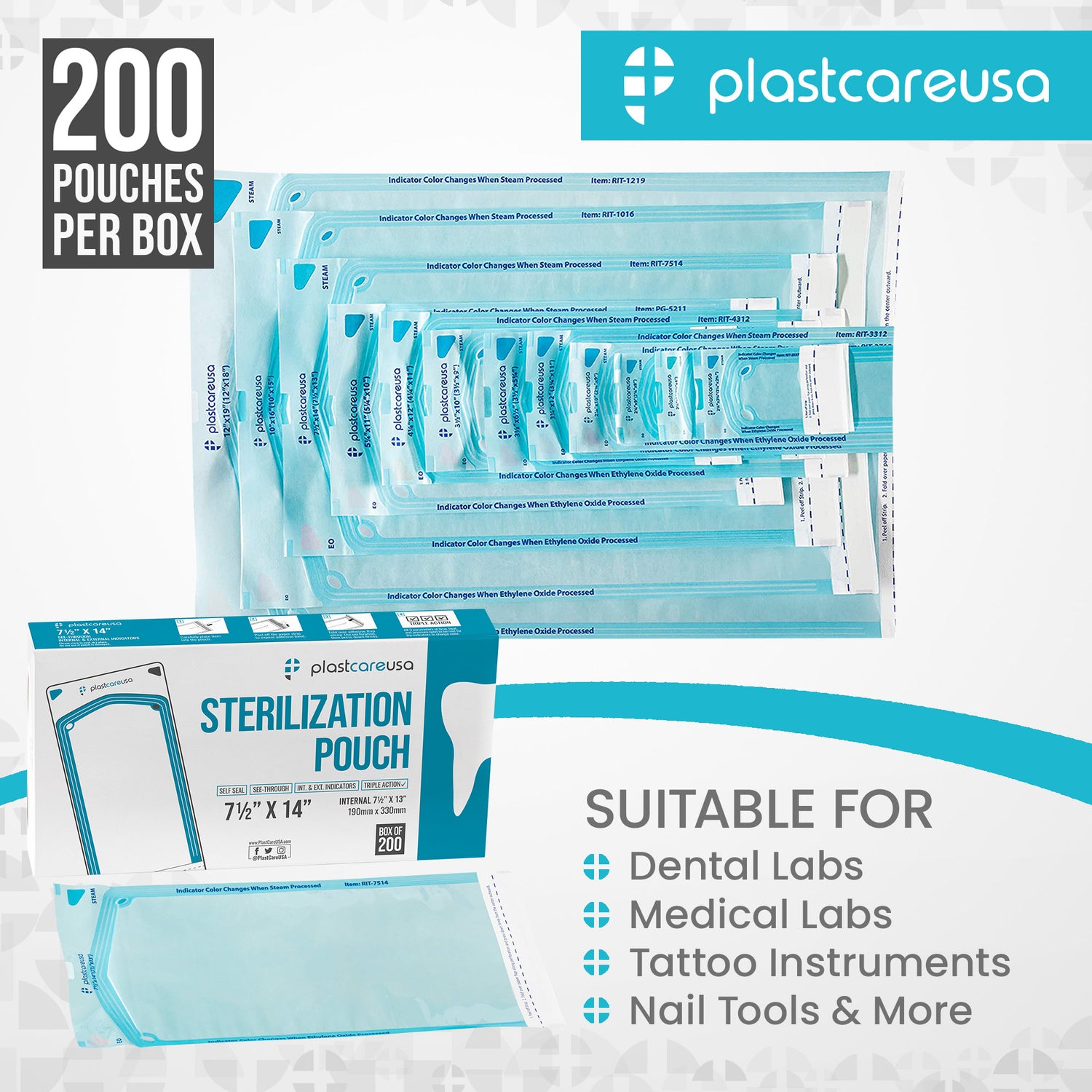 10,000 7.5" x 13" Self-Sealing Sterilization Pouches for Autoclave by PlastCare USA *Bulk Special* - My DDS Supply