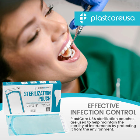 Worn Box-New - 1000 7.5" x 13" Self-Sealing Sterilization Pouches by PlastCare USA (Warehouse Deal) - My DDS Supply