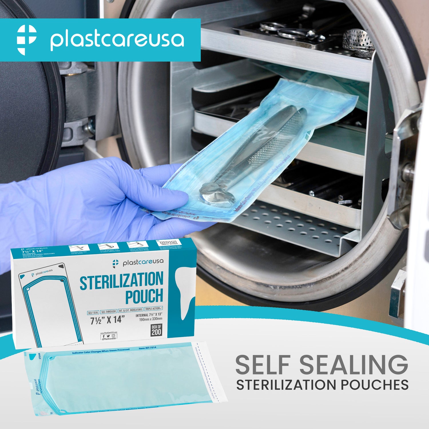 10,000 7.5" x 13" Self-Sealing Sterilization Pouches for Autoclave by PlastCare USA *Bulk Special* - My DDS Supply