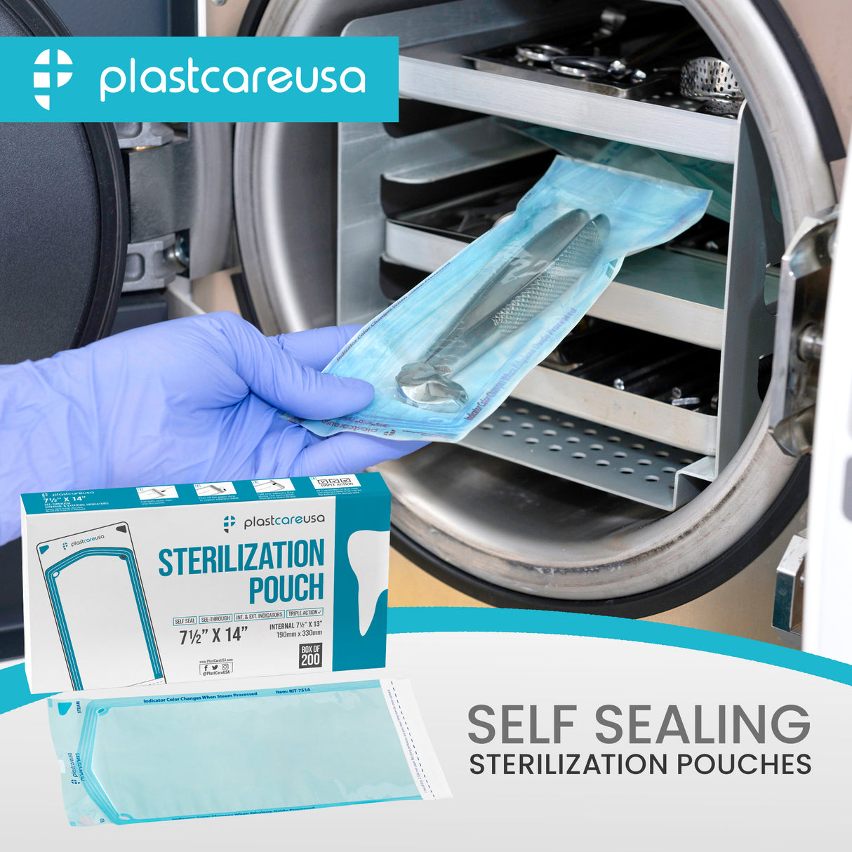 Worn Box-New - 1000 7.5" x 13" Self-Sealing Sterilization Pouches by PlastCare USA (Warehouse Deal) - My DDS Supply