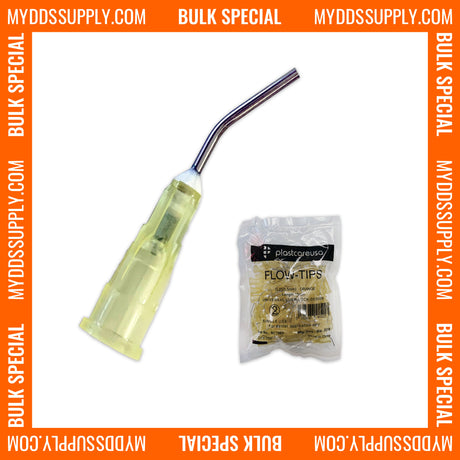 2000 x Yellow Flow Pre-Bent Applicator Needle Tips, 19 Gauge (20 Bags of 100) by PlastCare USA *Bulk Special* - My DDS Supply