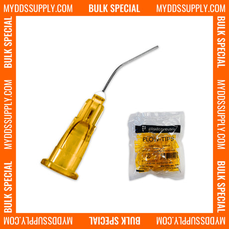 2000 x Orange Flow Pre-Bent Applicator Needle Tips, 25 Gauge (20 Bags of 100) by PlastCare USA *Bulk Special* - My DDS Supply