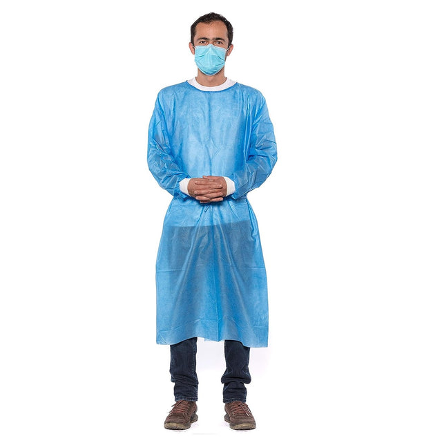 50 Blue Disposable Isolation Lab Gowns with Knitt Cuffs for Medical Dental Hospital - My DDS Supply