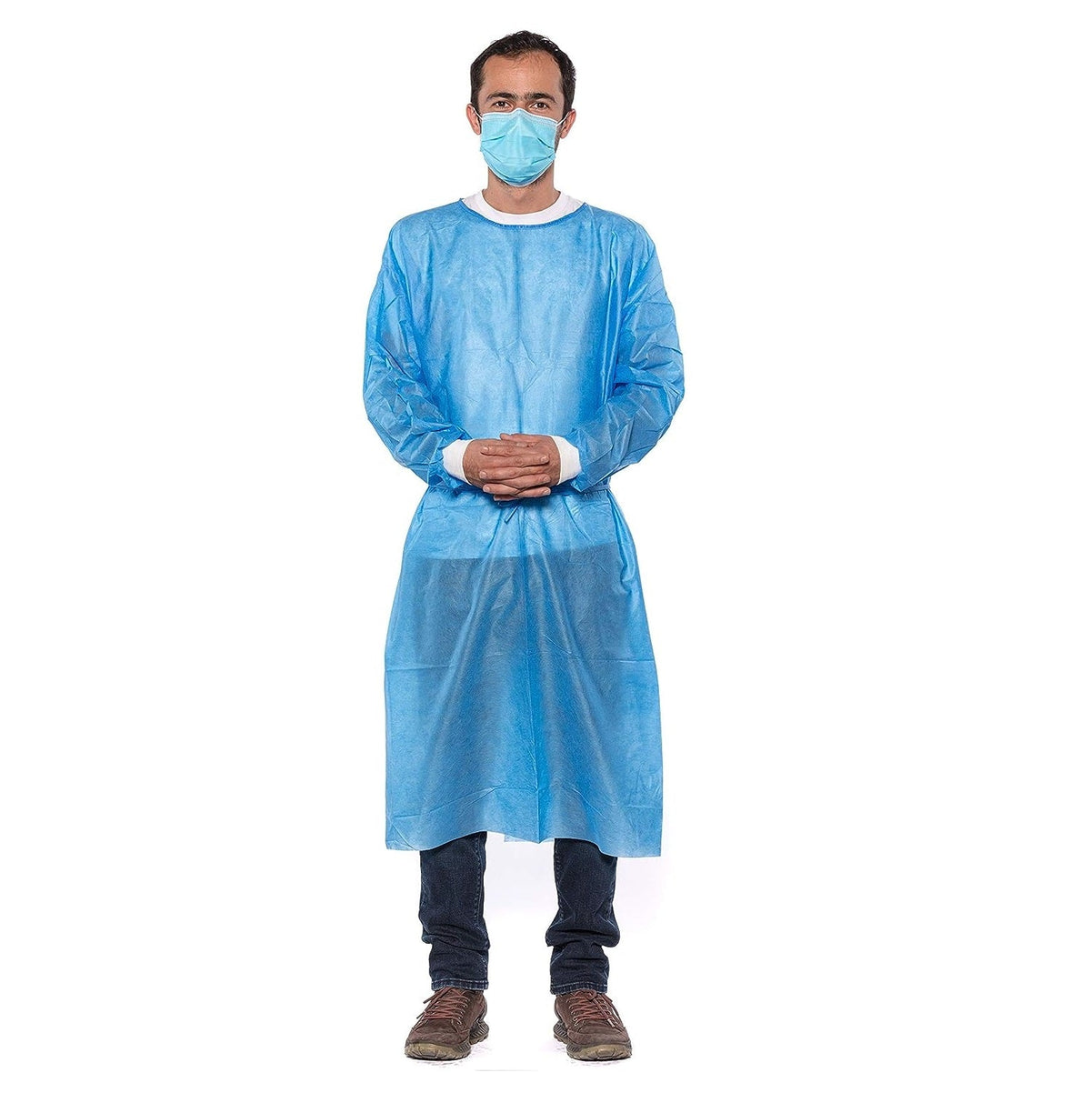 200 Blue Disposable Isolation Lab Gowns 30g with Knitt Cuffs for Medical Dental Hospital (4 Boxes of 50)