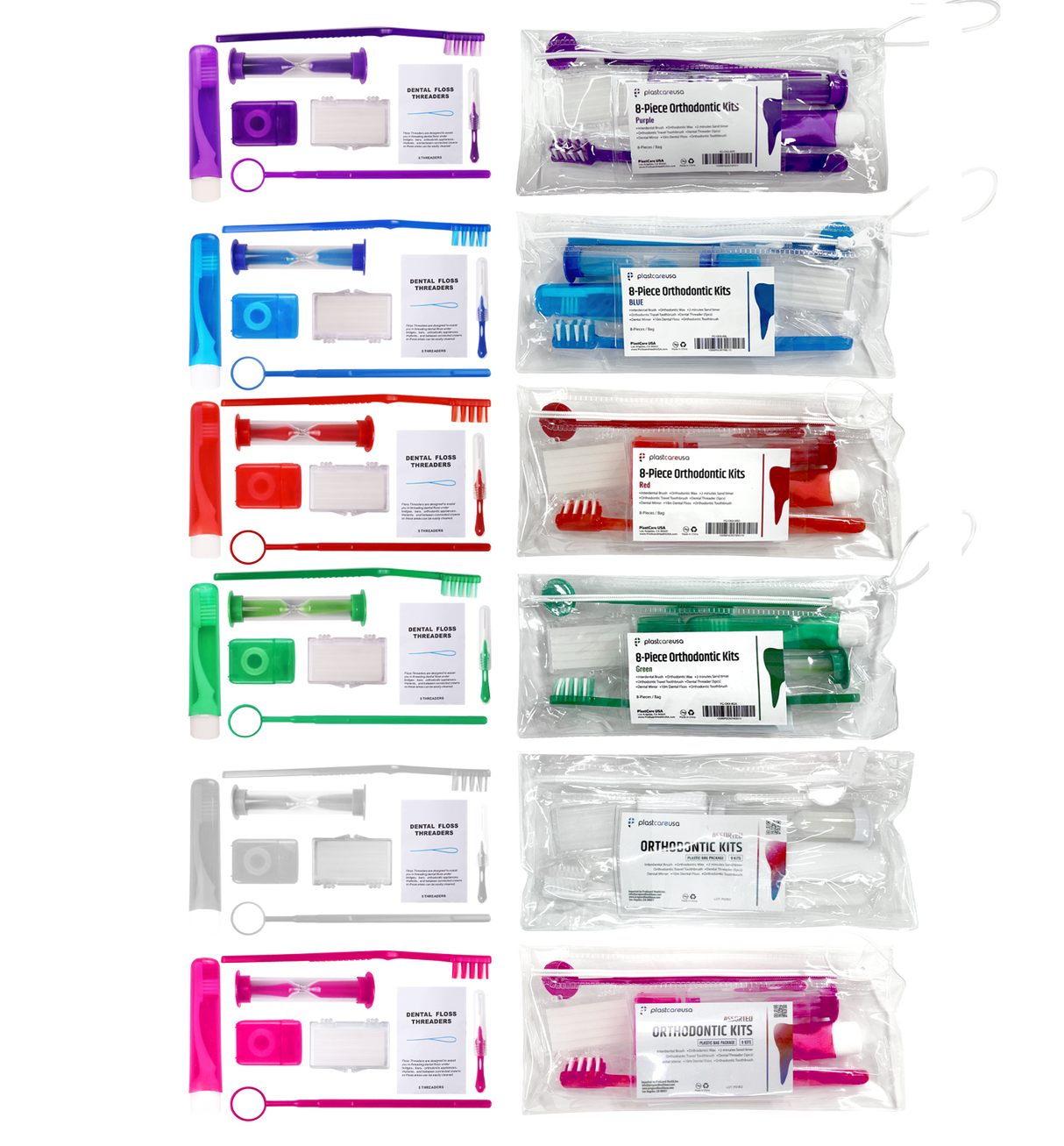 12 Assorted Orthodontic 8-Piece Patient Kits – Pre-Assembled Braces Care Packs in 6 Colors