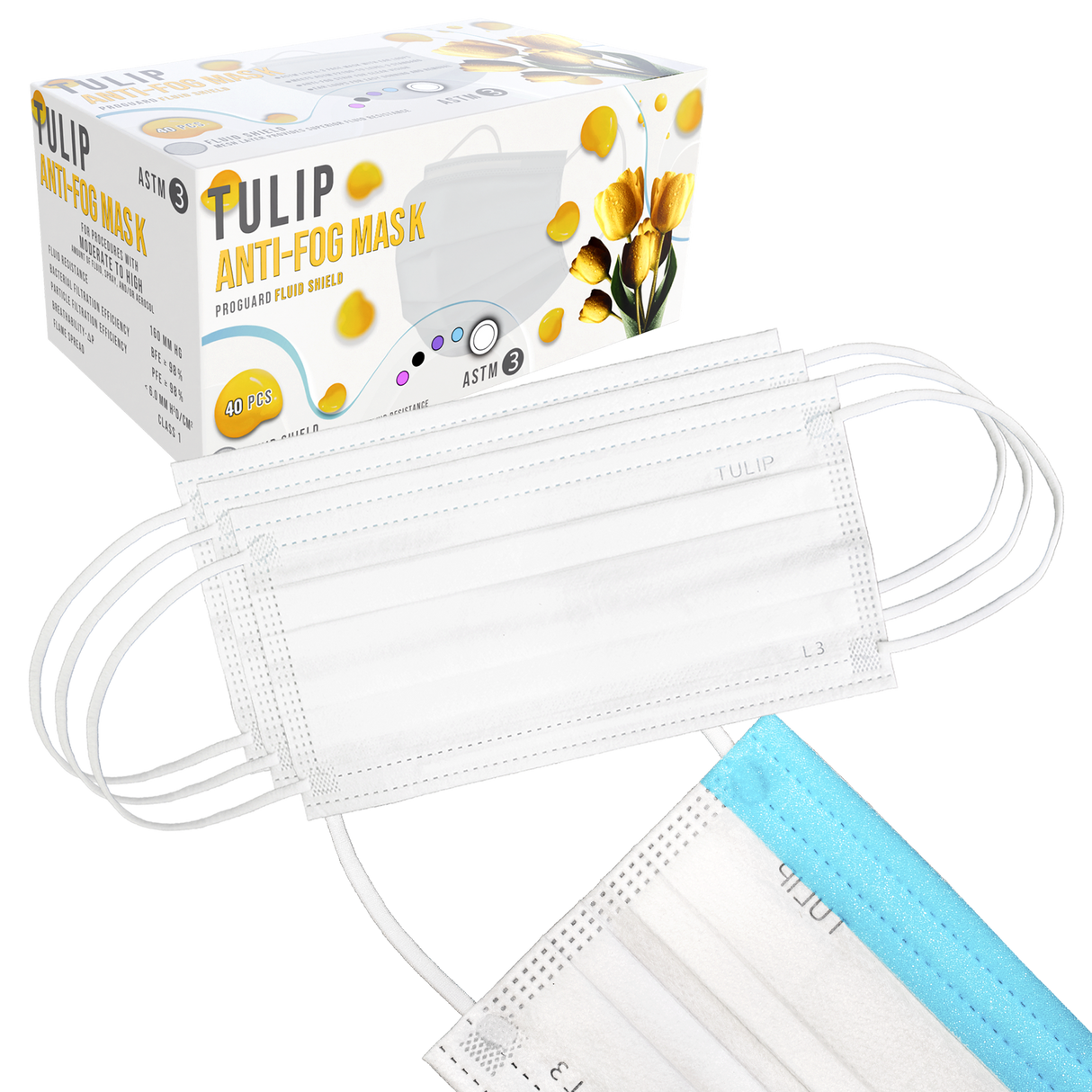 40 White Fluid Shield ASTM Level 3 Masks 4-Layer w/ Anti Fog Strip