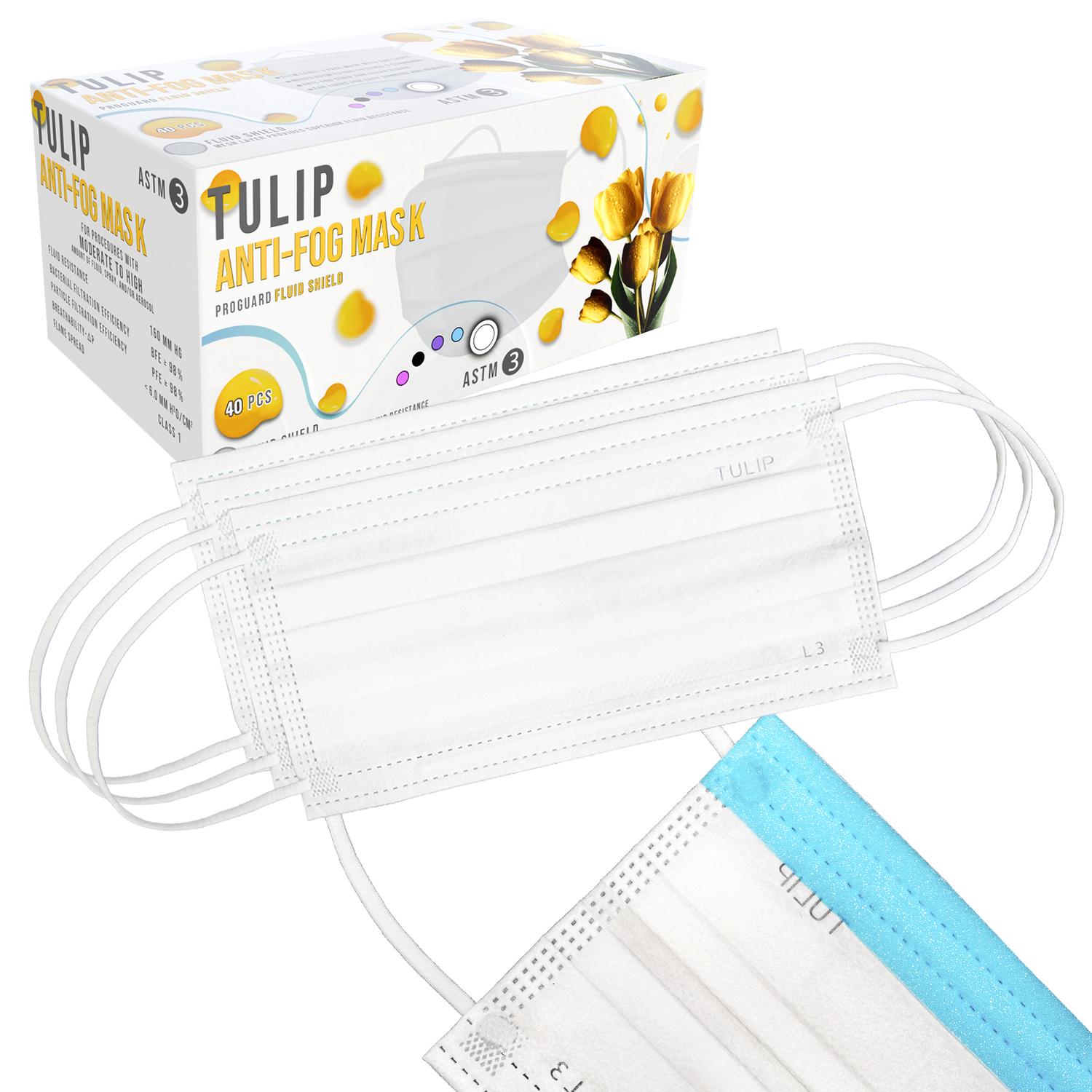 40 White Fluid Shield ASTM Level 3 Masks 4-Layer w/ Anti Fog Strip