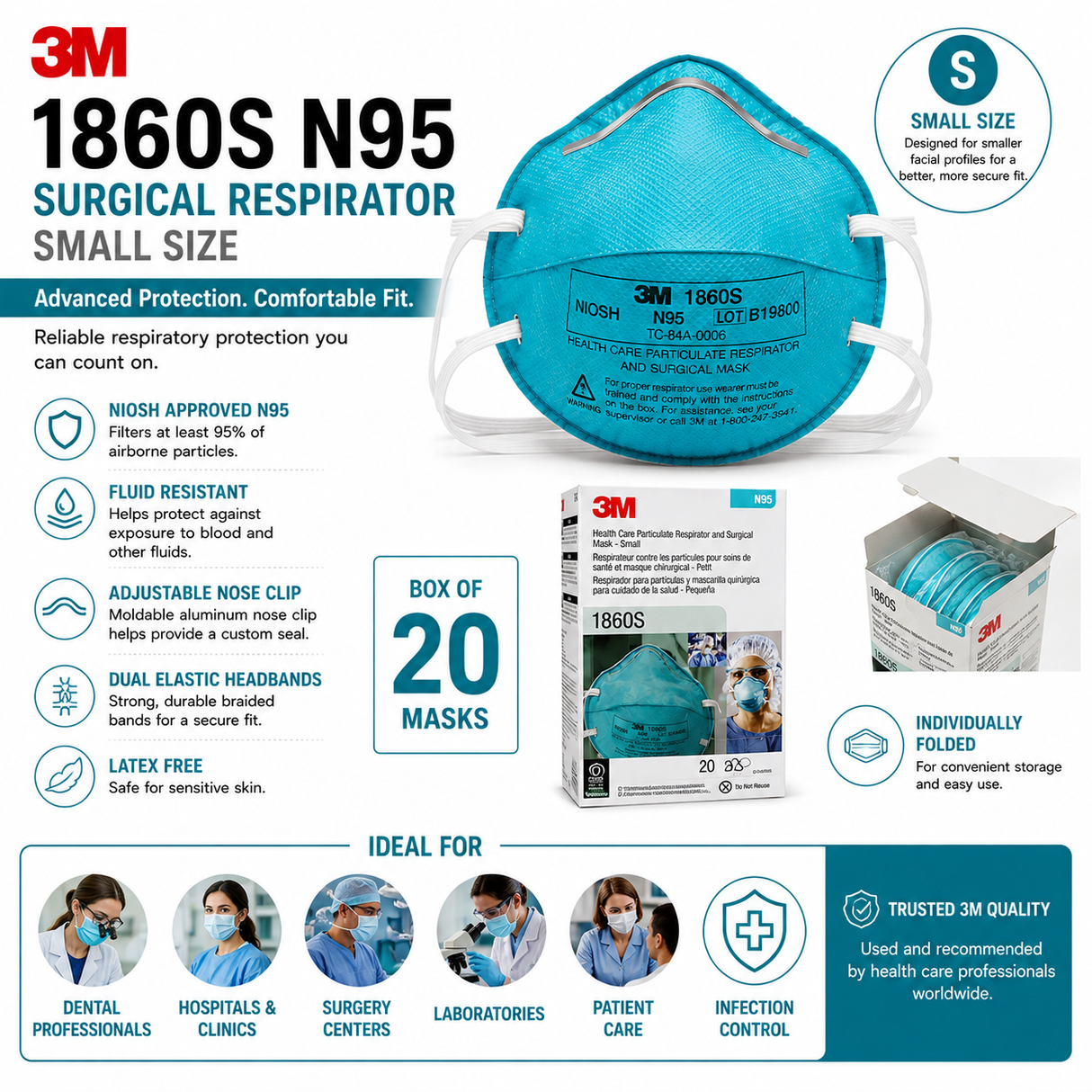 3M Small Size N95 Particulate Respirator & Surgical Mask 1860 S Series (Box of 20) (Small Size)