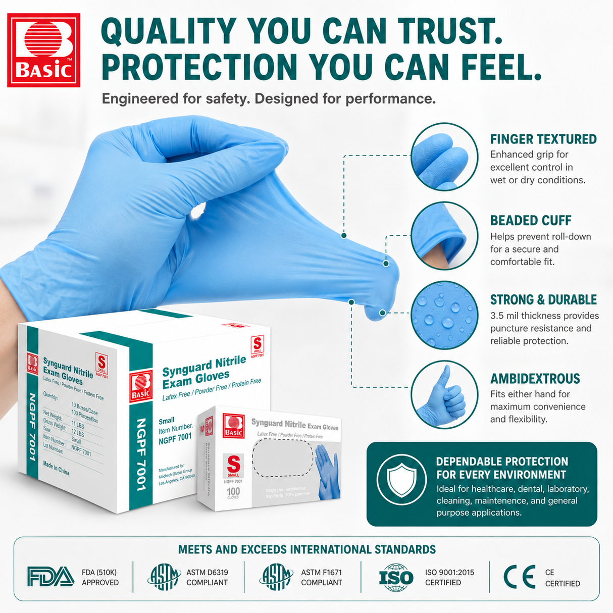 1000 Small Blue Nitrile Exam Gloves, 3.5 Mil, Powder-Free, Latex-Free *PAST DATE 06/2026*