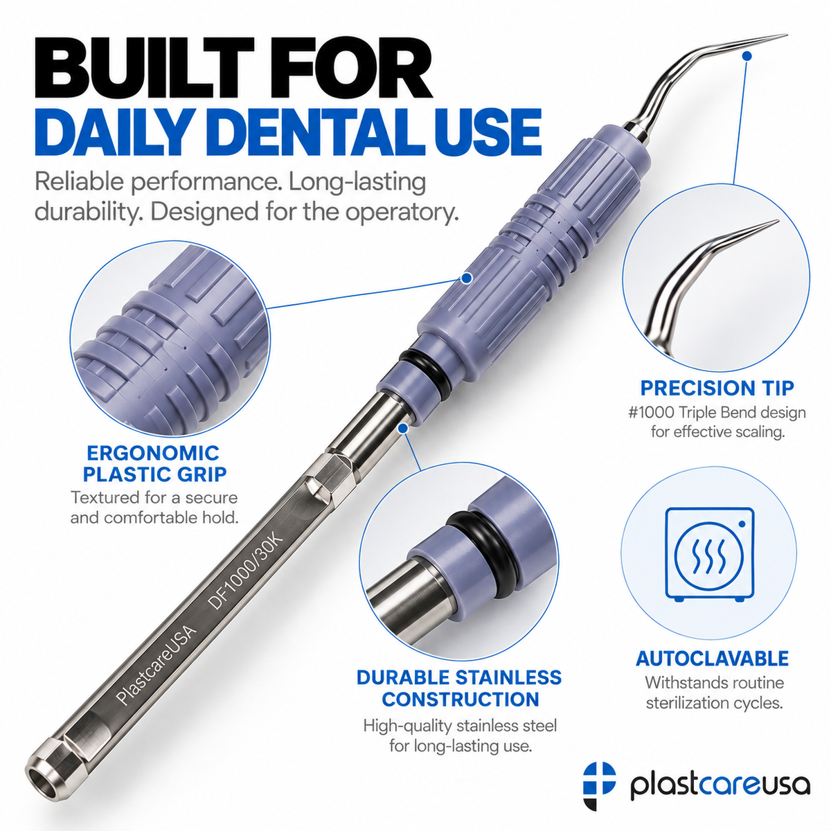 30K Ultrasonic Scaler Insert – DF-1000 Triple Bend, Internal Water Flow