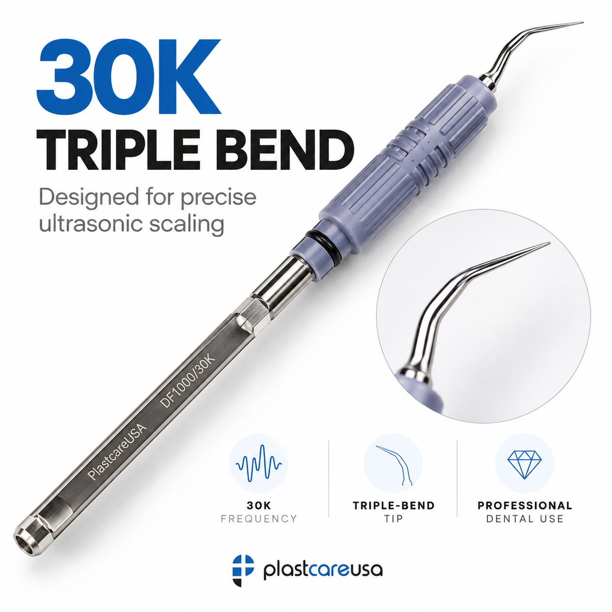 30K Ultrasonic Scaler Insert – DF-1000 Triple Bend, Internal Water Flow
