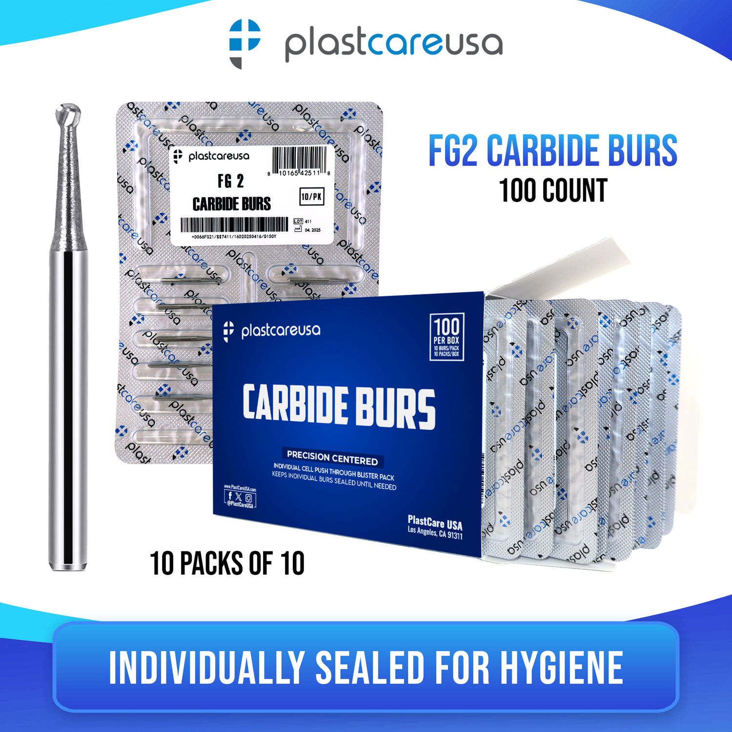 PlastCare USA FG 2 Round Clinical Length Carbide Burs - 100 Pack (10 Packs of 10) for High-Speed Handpieces