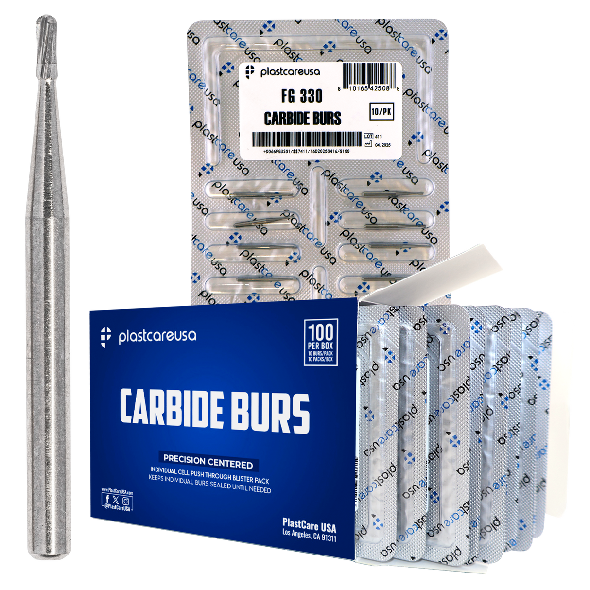 PlastCare USA 330 Carbide Burs FG - 100 Pack (10 Packs of 10) Pear Shaped for High-Speed Handpieces