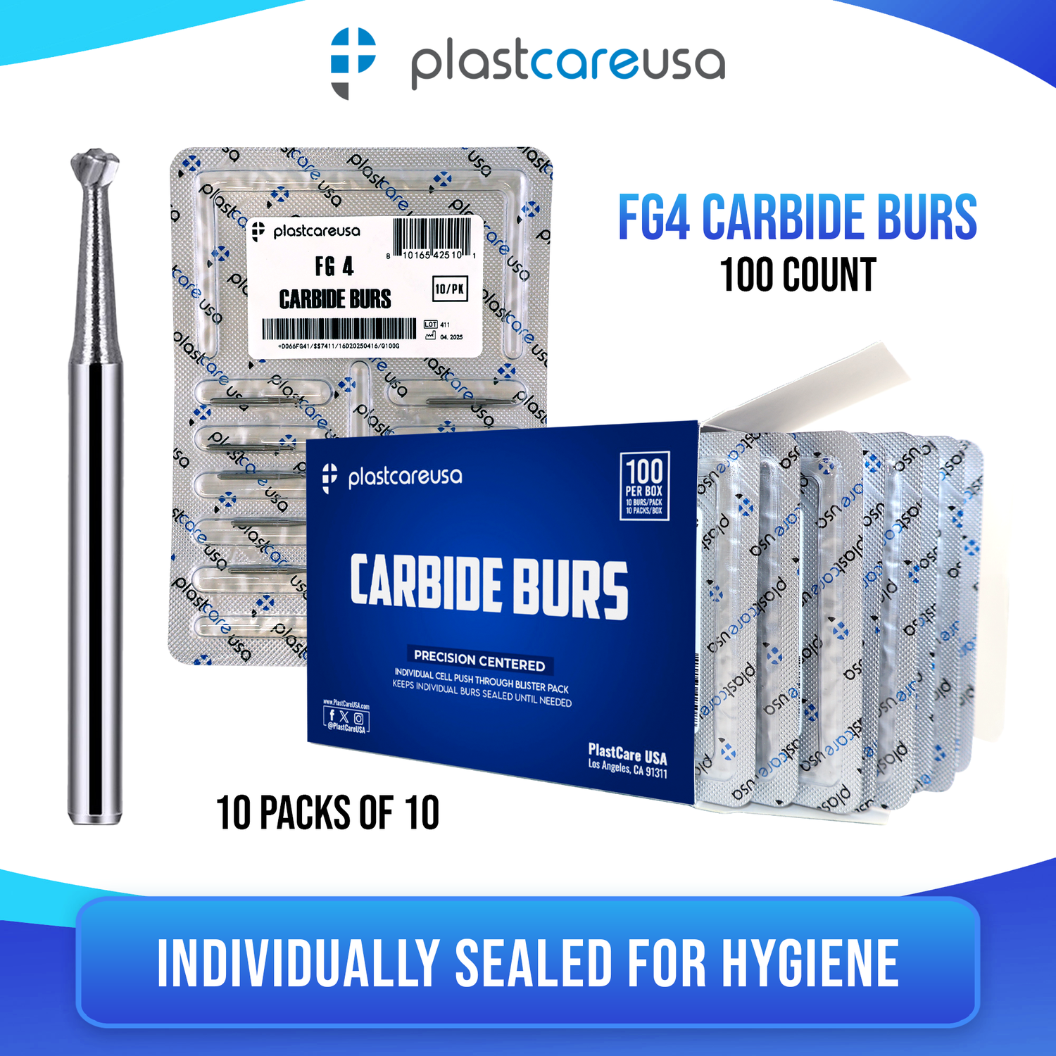 PlastCare USA FG 4 Round Clinical Length Carbide Burs - 100 Pack (10 Packs of 10) for High-Speed Handpieces