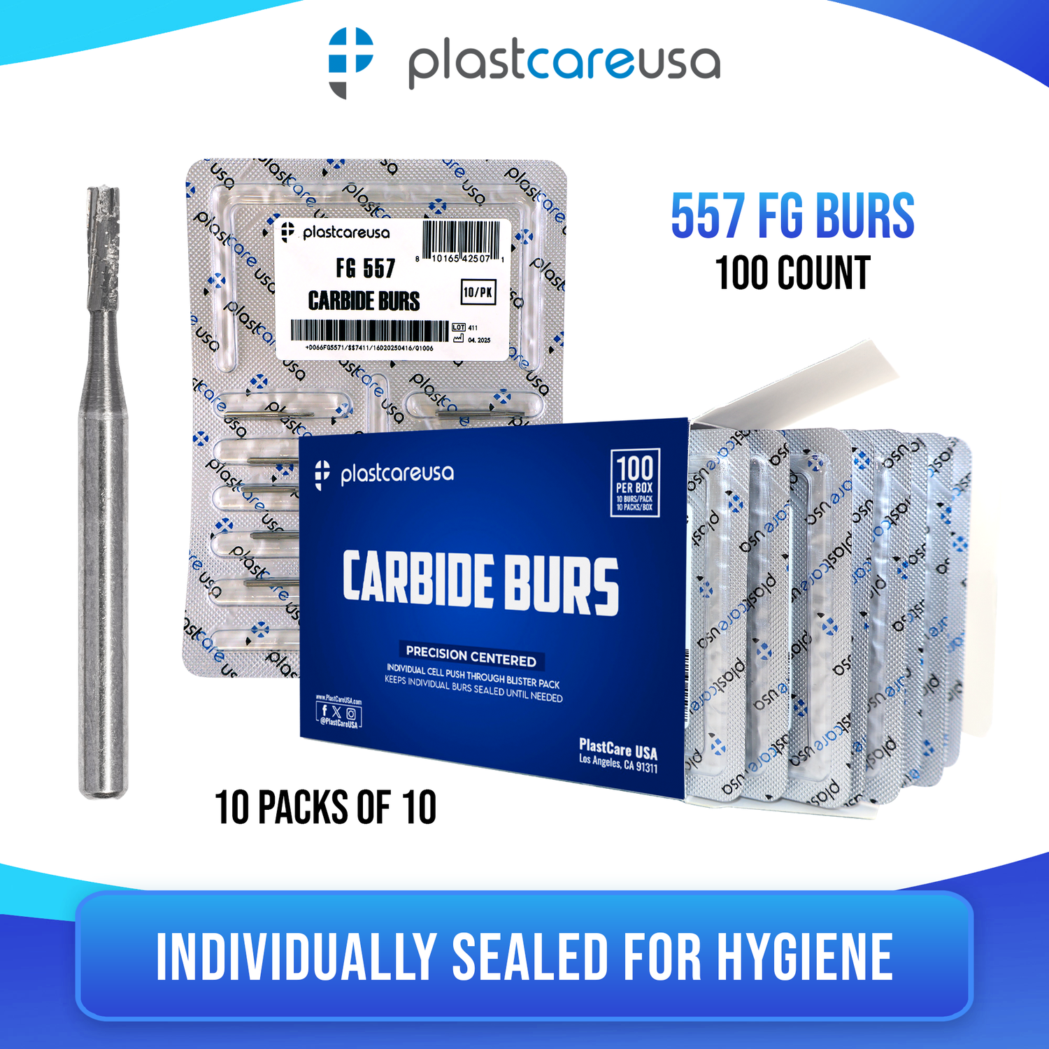 PlastCare USA 557 Carbide Burs FG - 100 Pack (10 Packs of 10) for High-Speed Handpieces