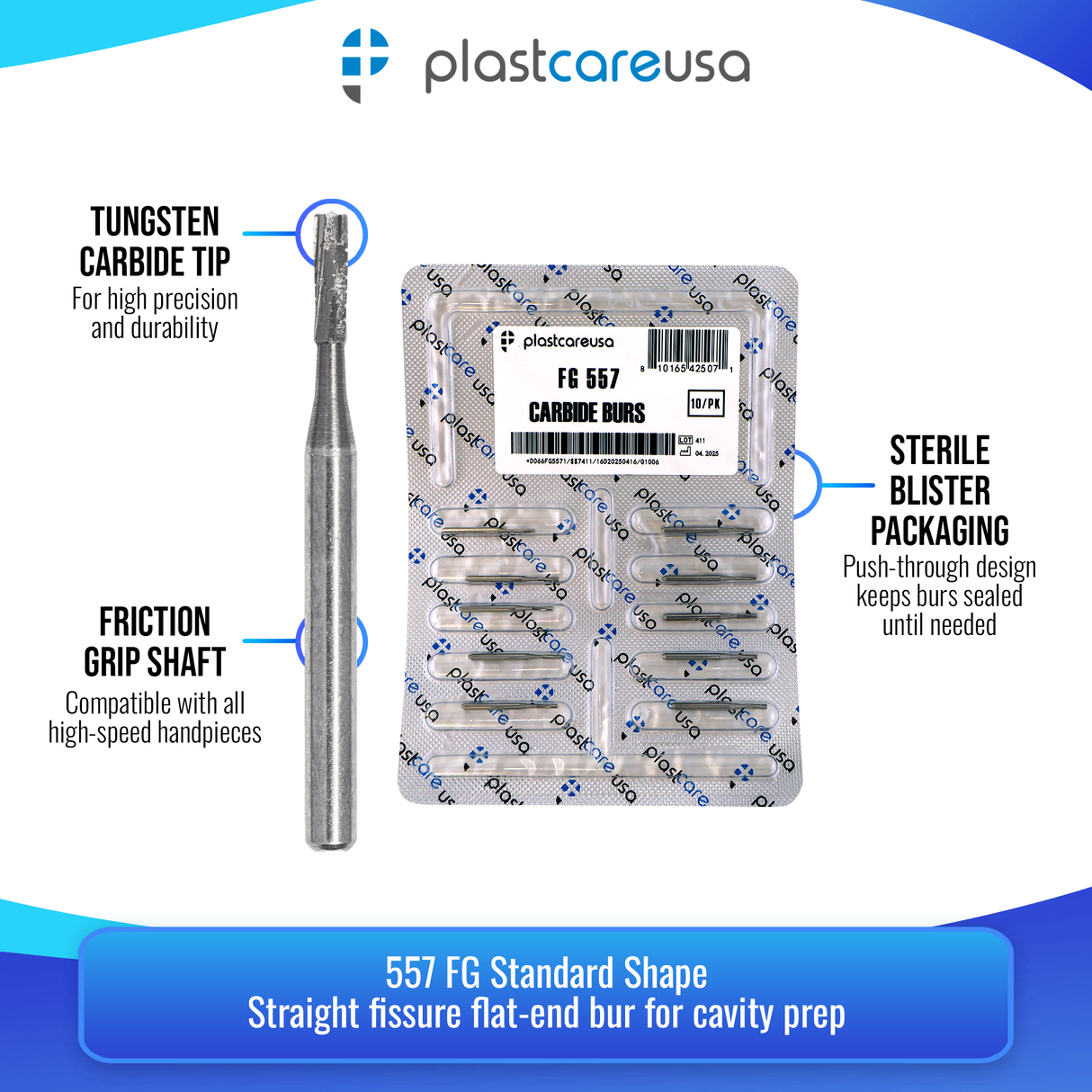 PlastCare USA 557 Carbide Burs FG - 100 Pack (10 Packs of 10) for High-Speed Handpieces