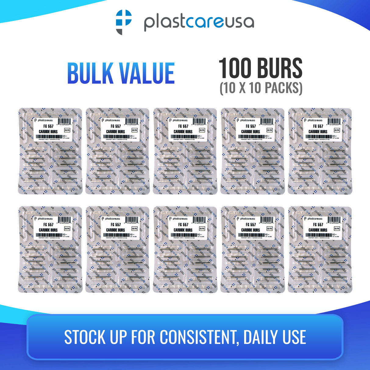 PlastCare USA 557 Carbide Burs FG - 100 Pack (10 Packs of 10) for High-Speed Handpieces