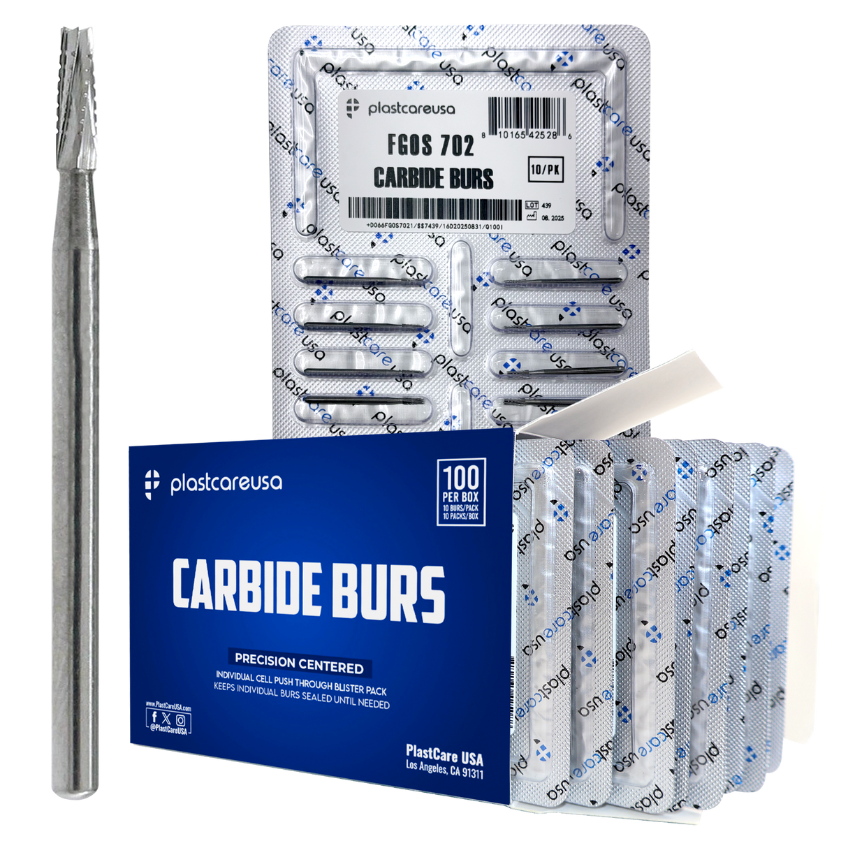 PlastCare USA 702 Surgical FG Flat-End Taper Cross-Cut Fissure Carbide Burs – 100 Pack (10 Packs of 10) for High-Speed Handpieces - My DDS Supply