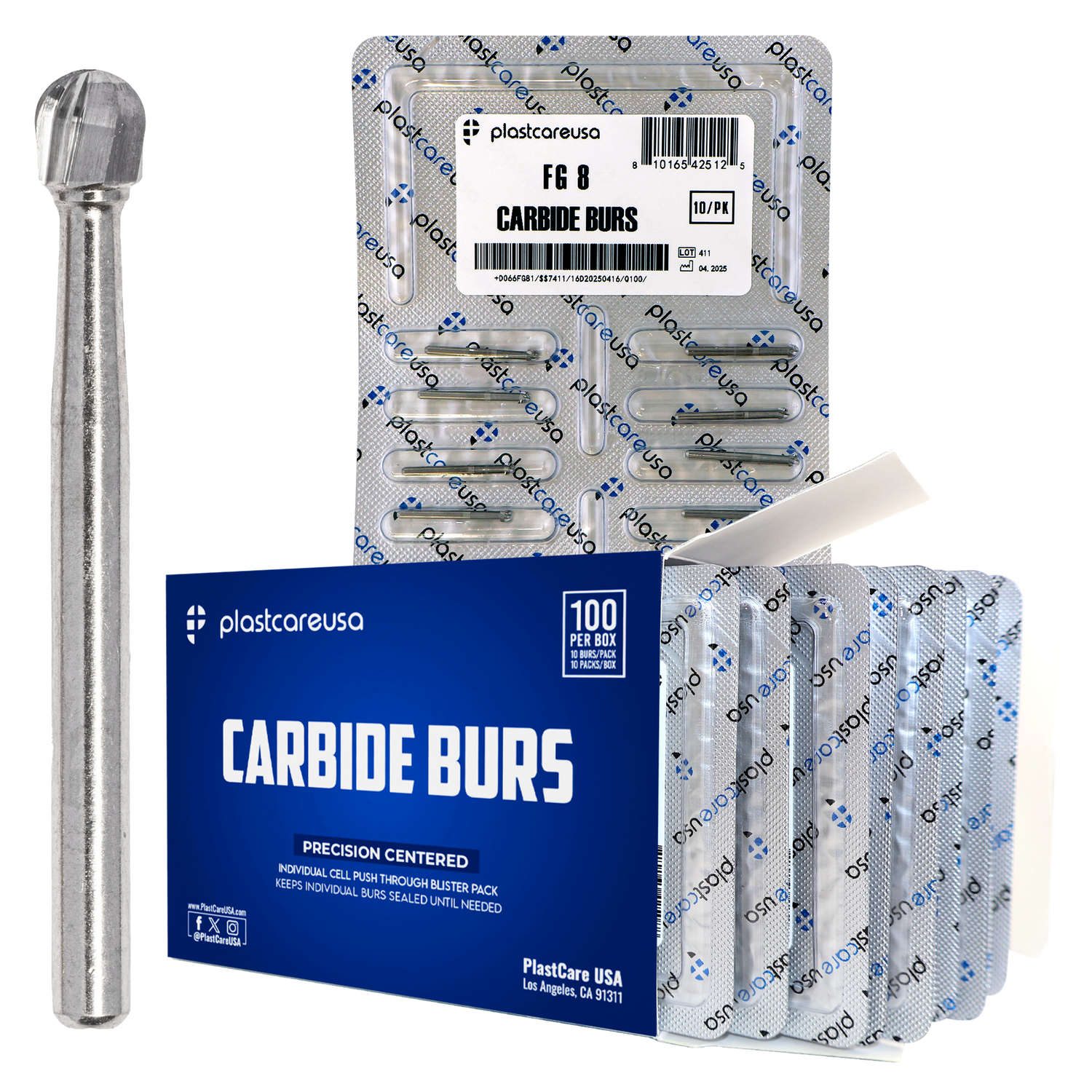 PlastCare USA FG 8 Round Clinical Length Carbide Burs - 100 Pack (10 Packs of 10) for High-Speed Handpieces